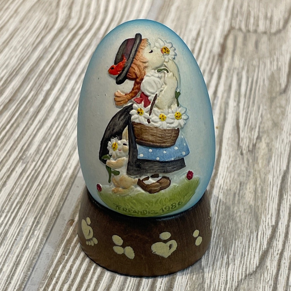 Vintage 1986 Anri Ferrandiz Easter Egg Italy Wood Girl Bunny Daisy with Stand